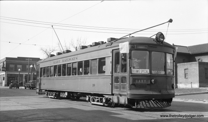 Gary Railways 19 at Indiana Harbor on May 1, 1938 during the very first fantrip of Central Electric Railfans' Association. This car was built by Cummings in 1927. (LaMar M. Kelley Photo)